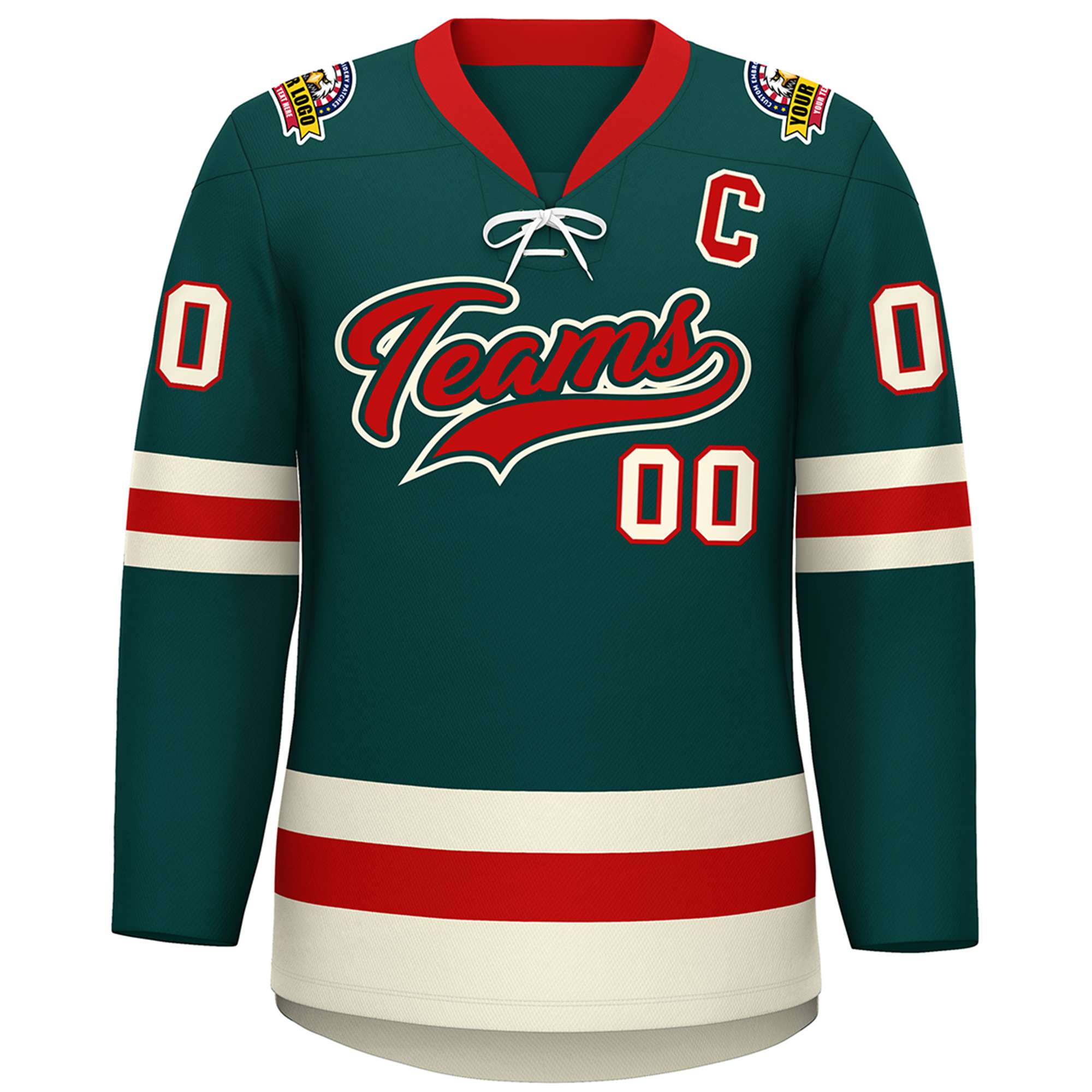 Custom Midnight Green Red-Cream Lace-Up Neck Hockey Jersey