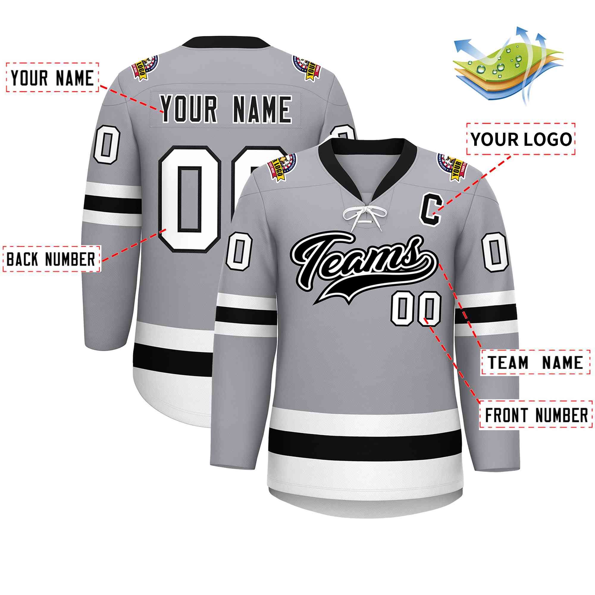 Custom Gray Black-White Lace-Up Neck Hockey Jersey