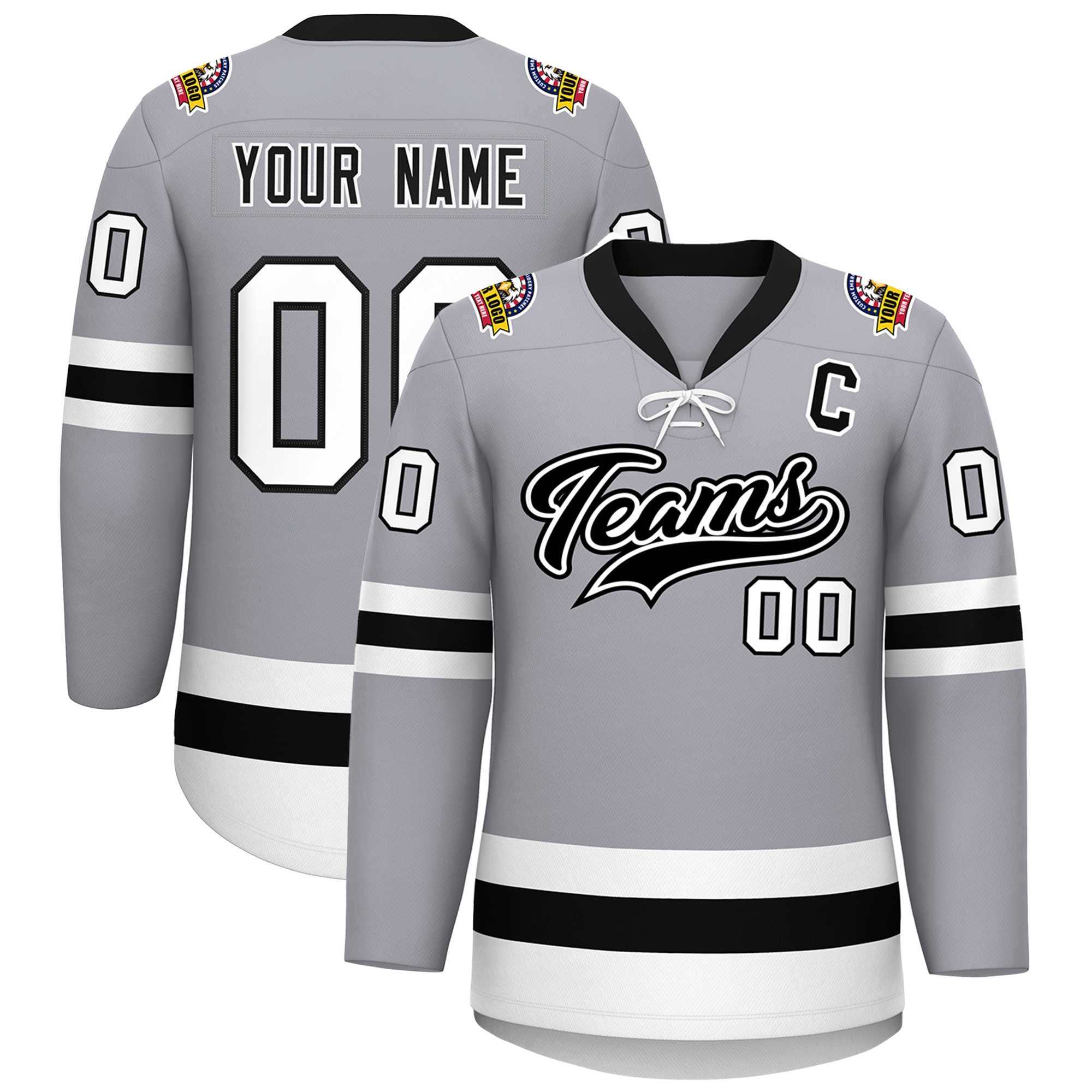 Custom Gray Black-White Lace-Up Neck Hockey Jersey