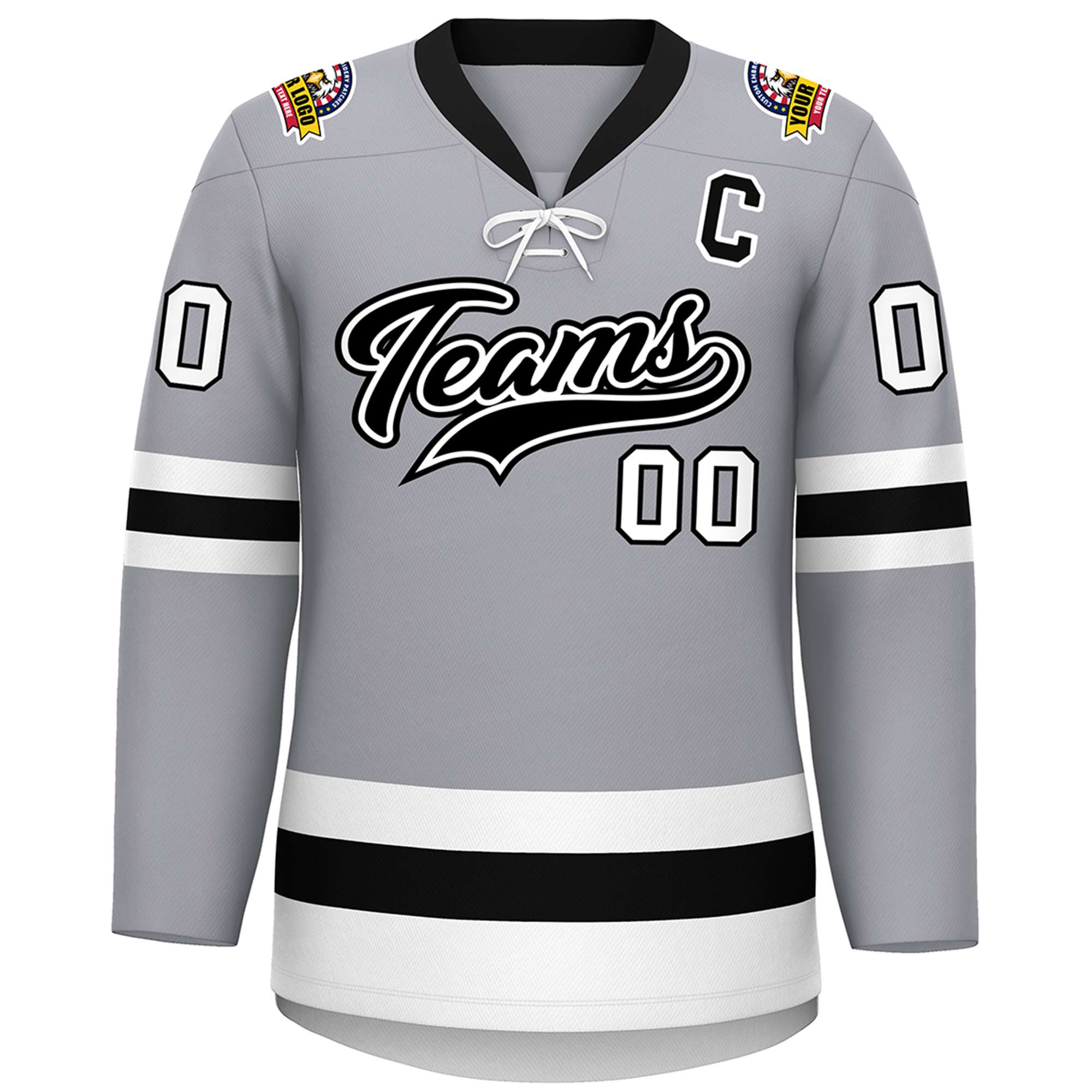 Custom Gray Black-White Lace-Up Neck Hockey Jersey