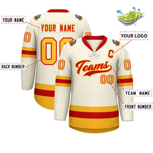 Custom Cream Red-Gold Lace-Up Neck Hockey Jersey