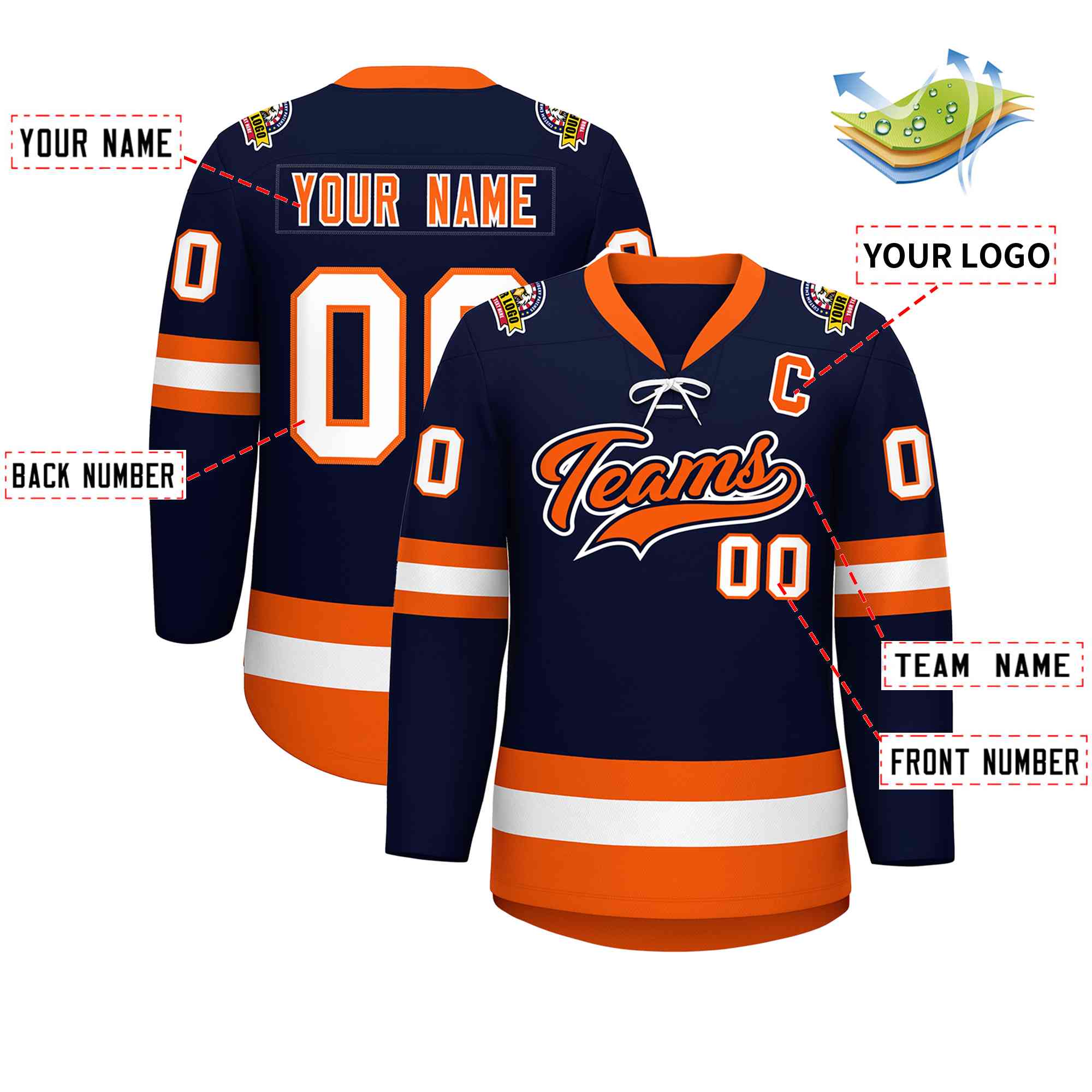 Custom Navy Orange-White Lace-Up Neck Hockey Jersey