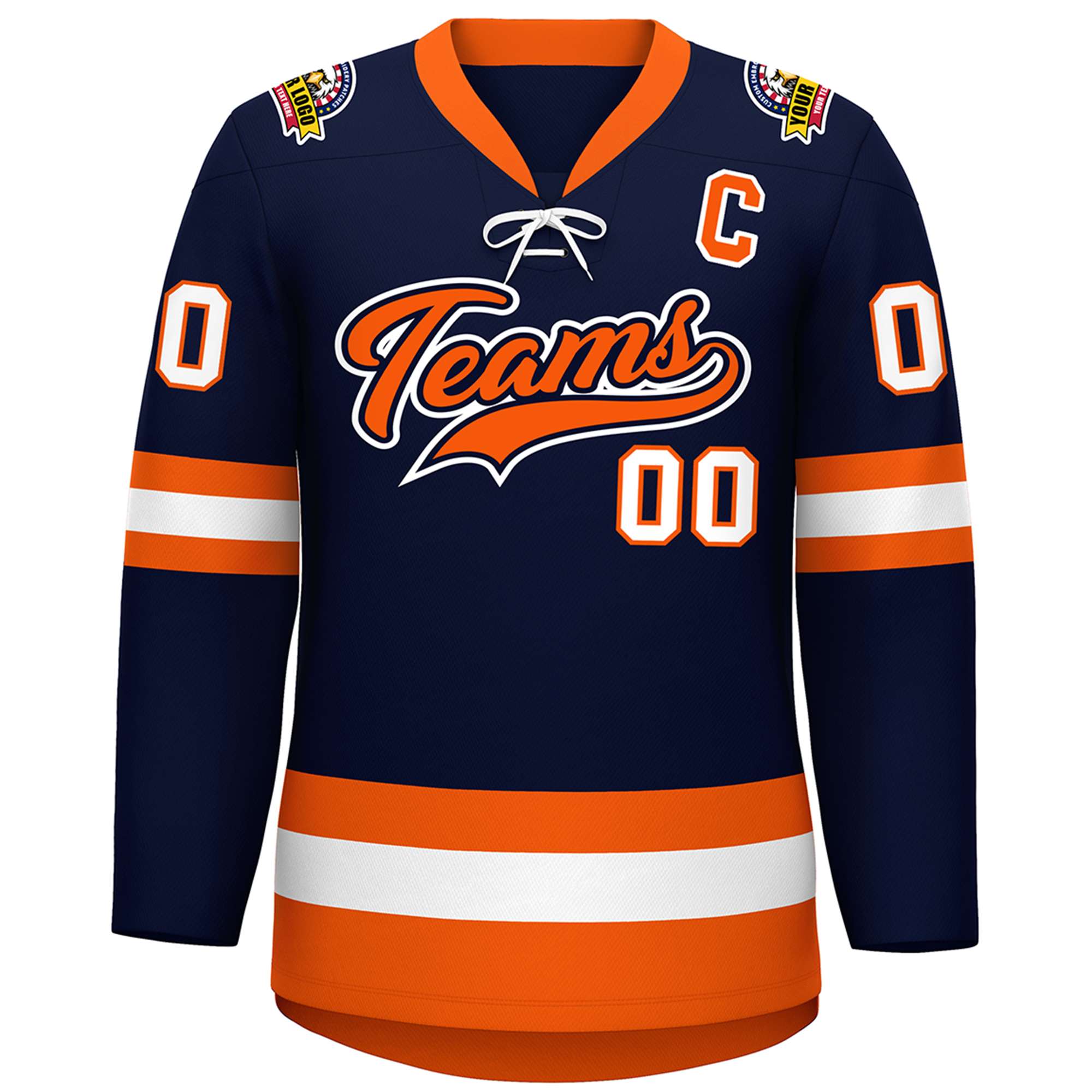 Custom Navy Orange-White Lace-Up Neck Hockey Jersey