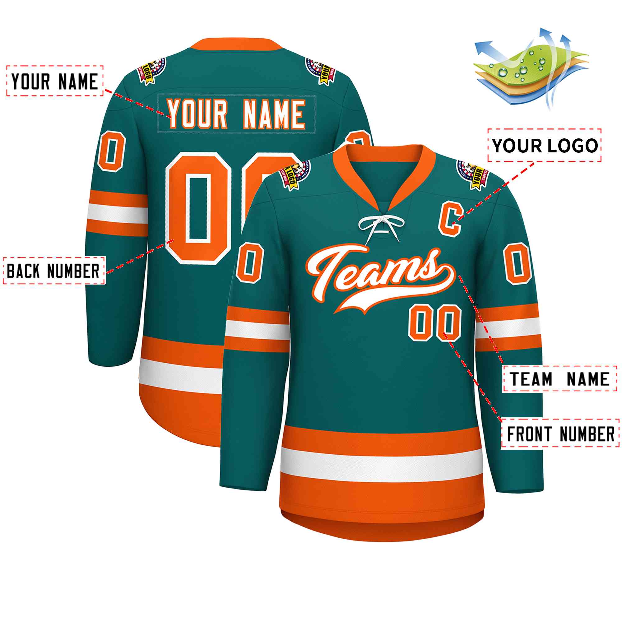 Custom Aqua White-Orange Lace-Up Neck Hockey Jersey