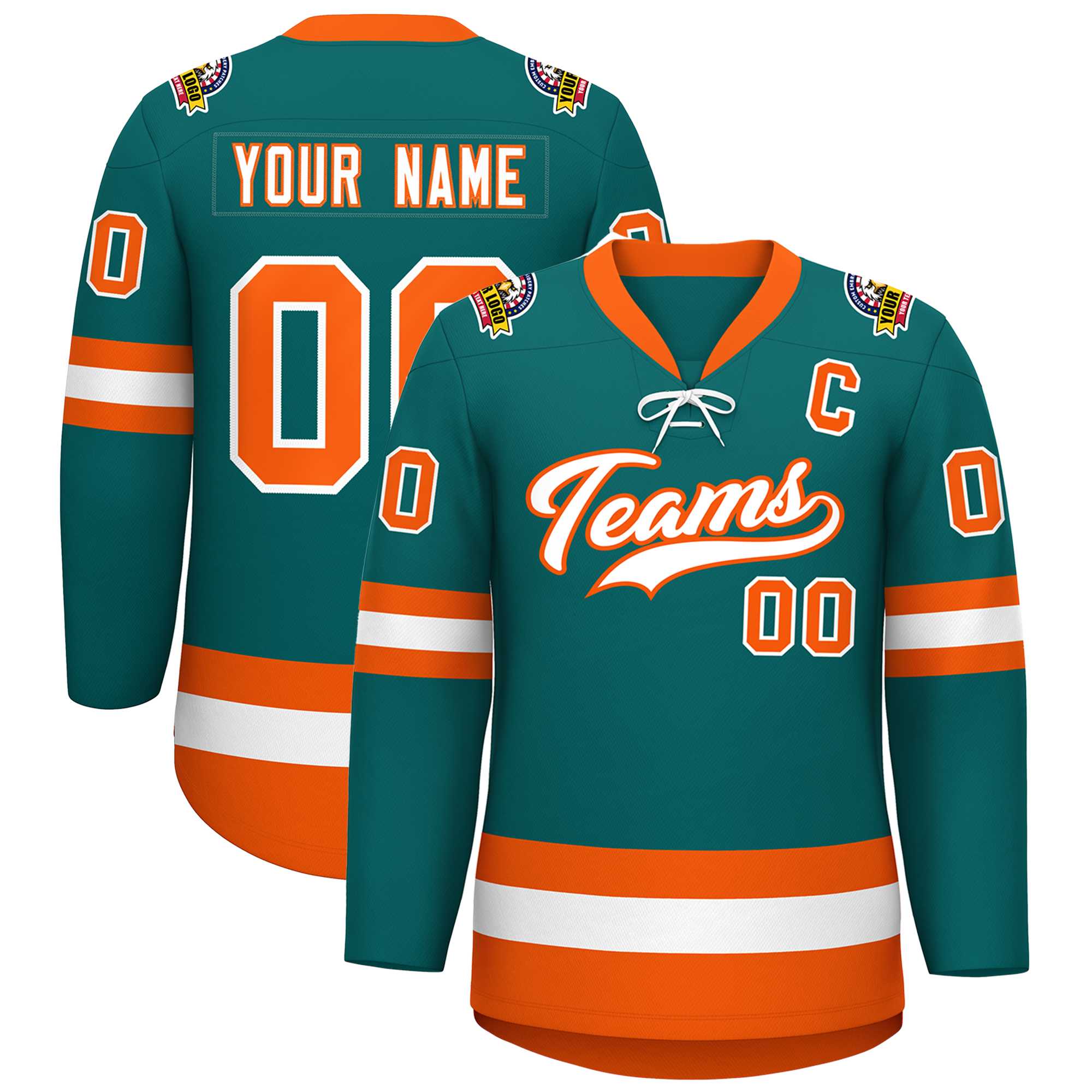 Custom Aqua White-Orange Lace-Up Neck Hockey Jersey