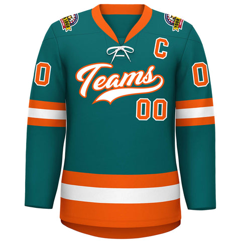 Custom Aqua White-Orange Lace-Up Neck Hockey Jersey