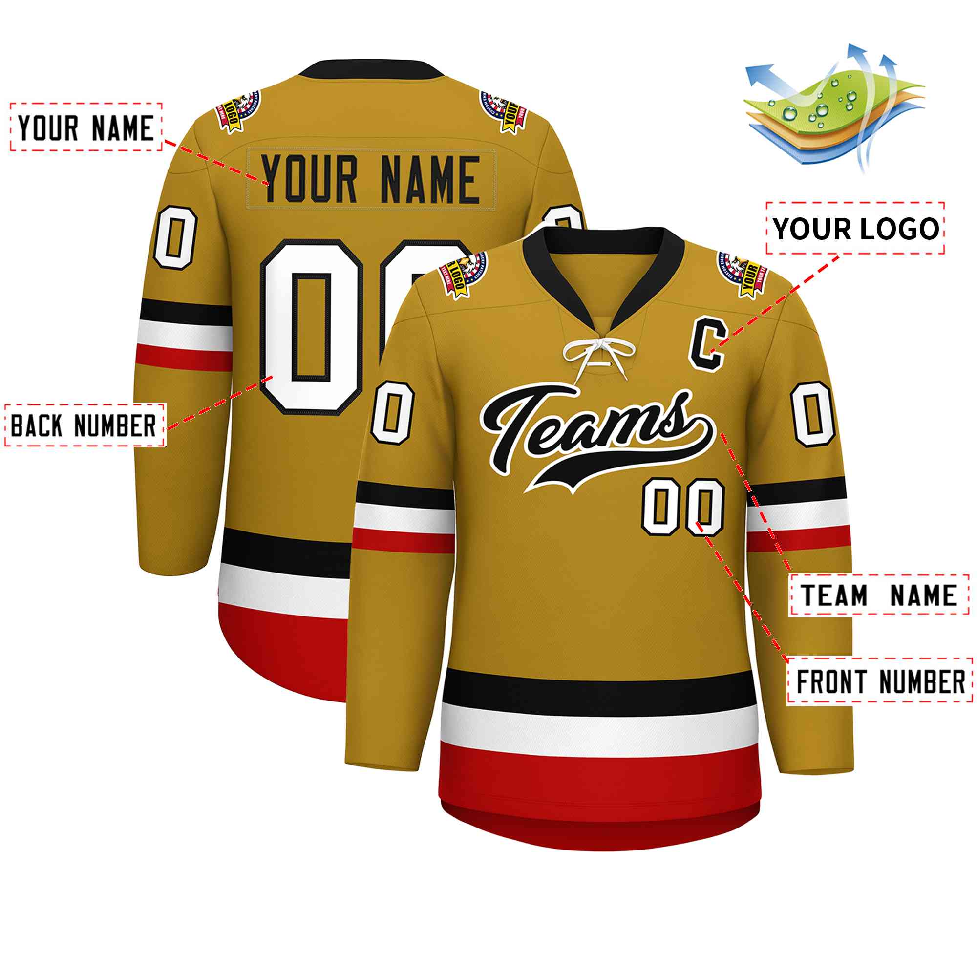 Custom Old Gold Black-White Lace-Up Neck Hockey Jersey