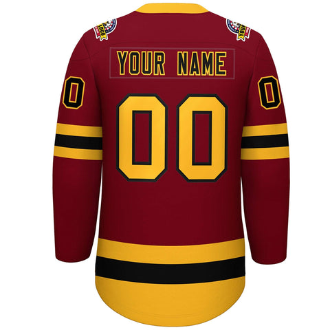 Custom Crimson Black-Gold Lace-Up Neck Hockey Jersey