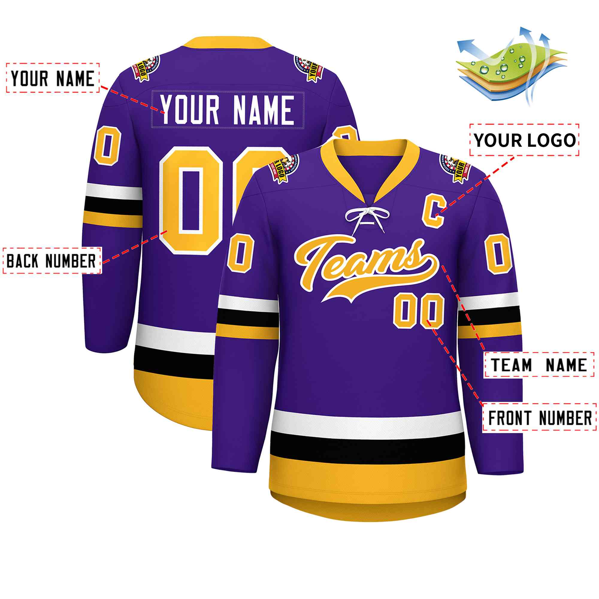 Custom Purple Gold-White Lace-Up Neck Hockey Jersey