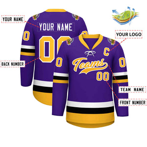 Custom Purple Gold-White Lace-Up Neck Hockey Jersey