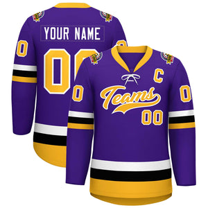 Custom Purple Gold-White Lace-Up Neck Hockey Jersey