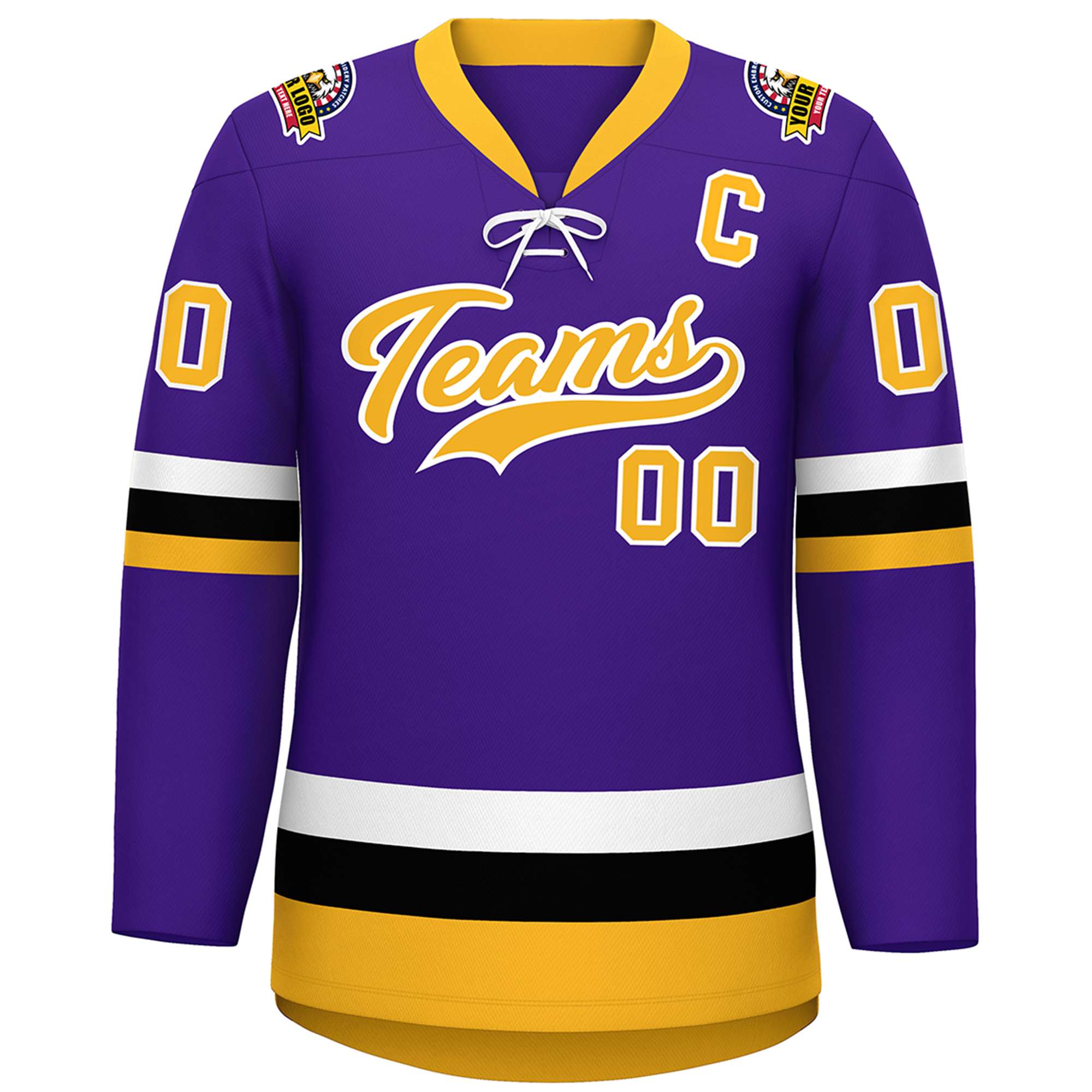 Custom Purple Gold-White Lace-Up Neck Hockey Jersey