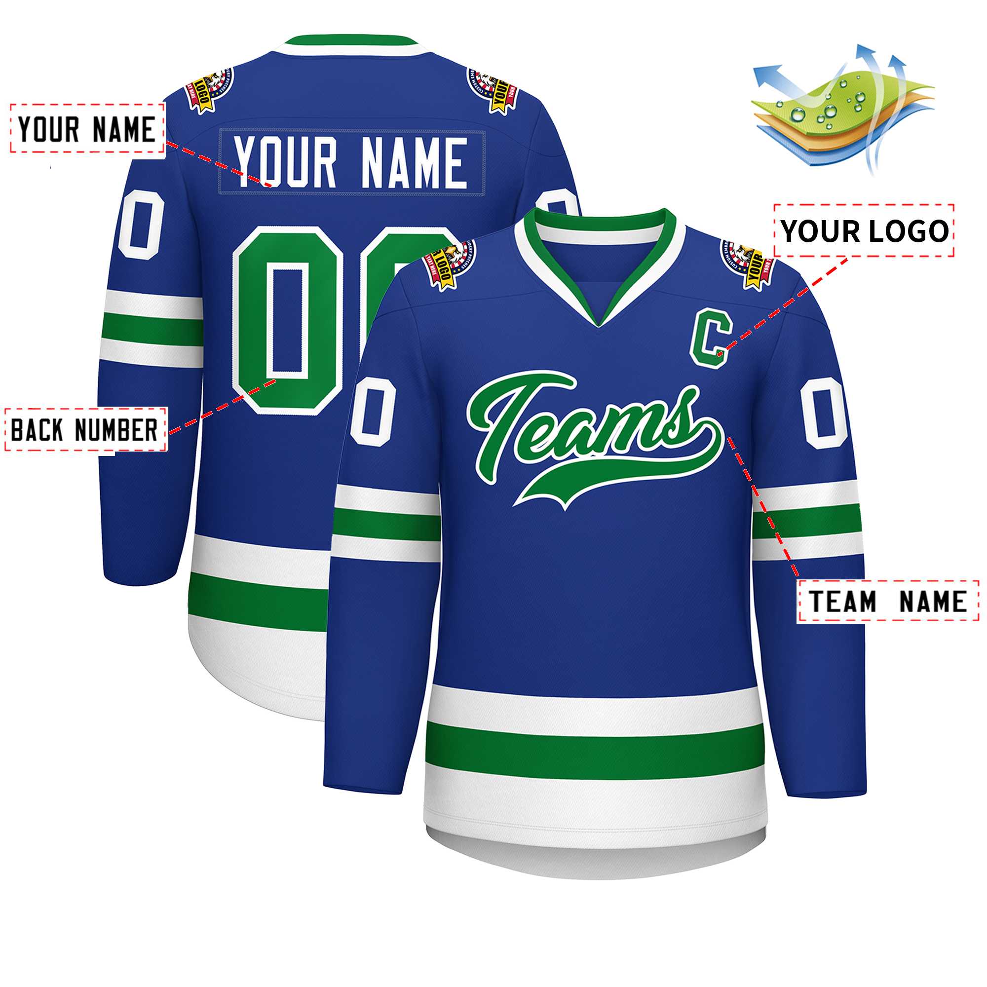 Maillot de hockey personnalisé Royal Kelly vert-blanc de style classique