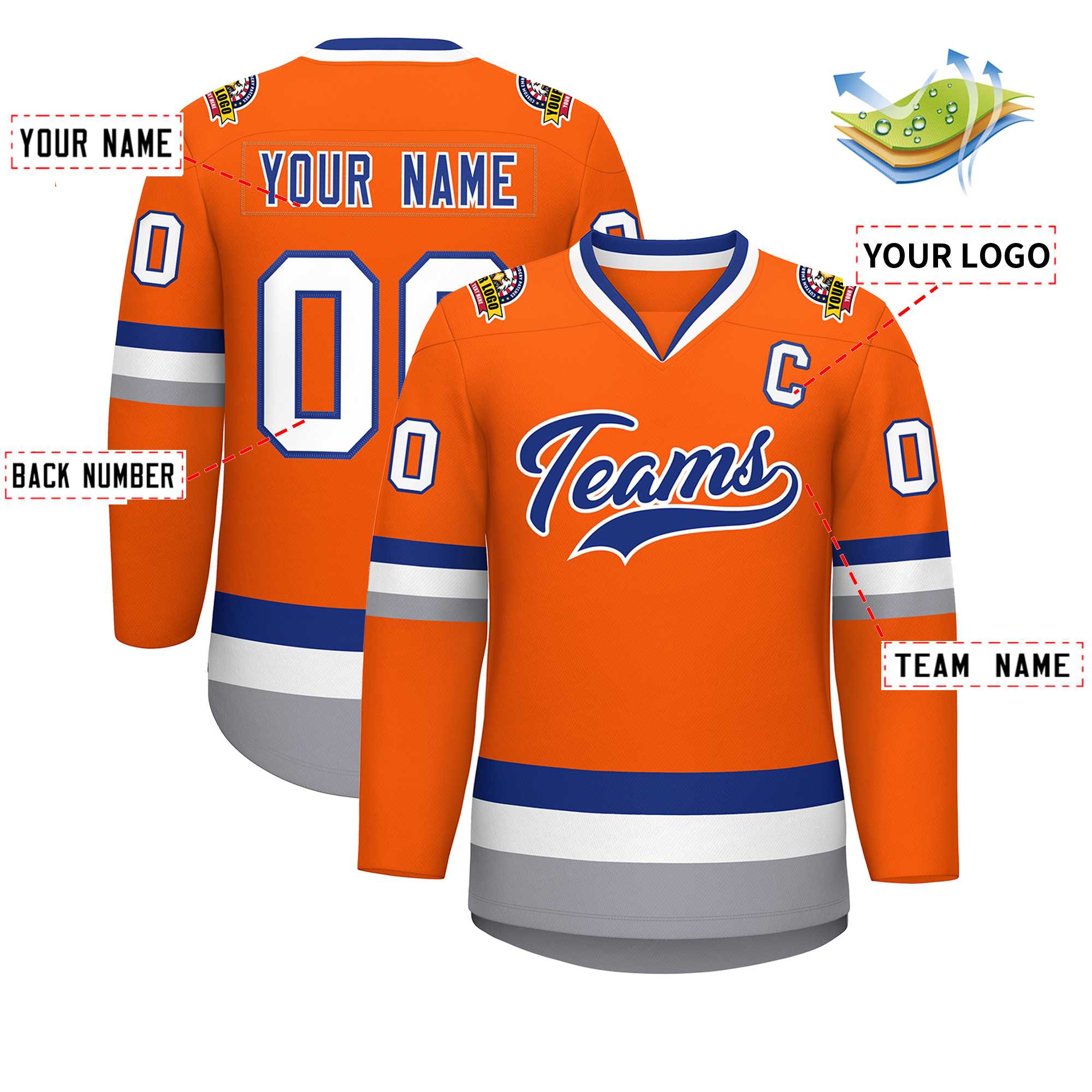 Maillot de hockey de style classique orange royal-blanc personnalisé