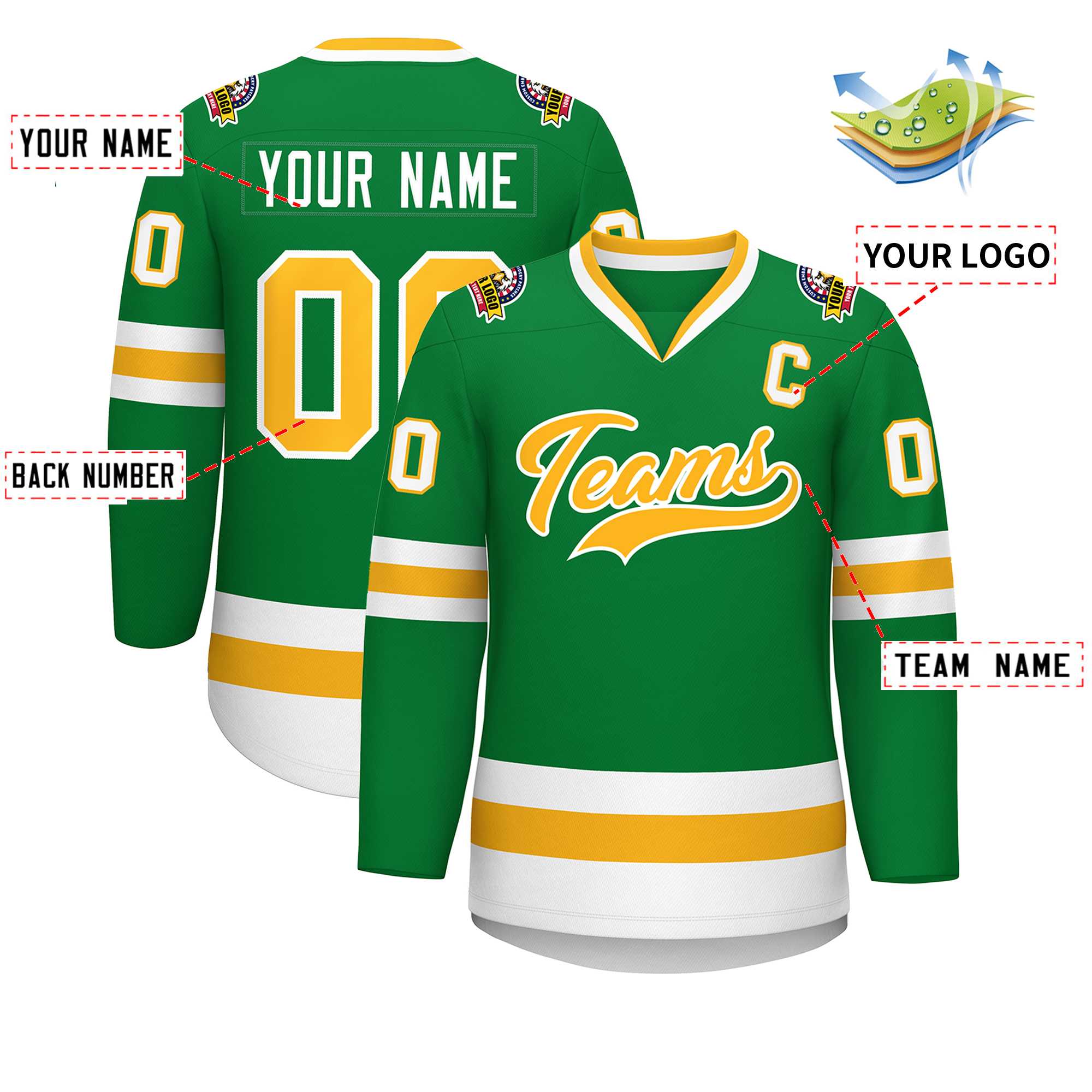 Maillot de hockey de style classique Kelly vert or-blanc personnalisé