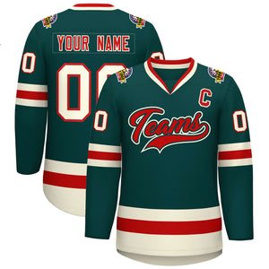 Custom Midnight Green Red Midnight Green-Khaki Classic Style Hockey Jersey