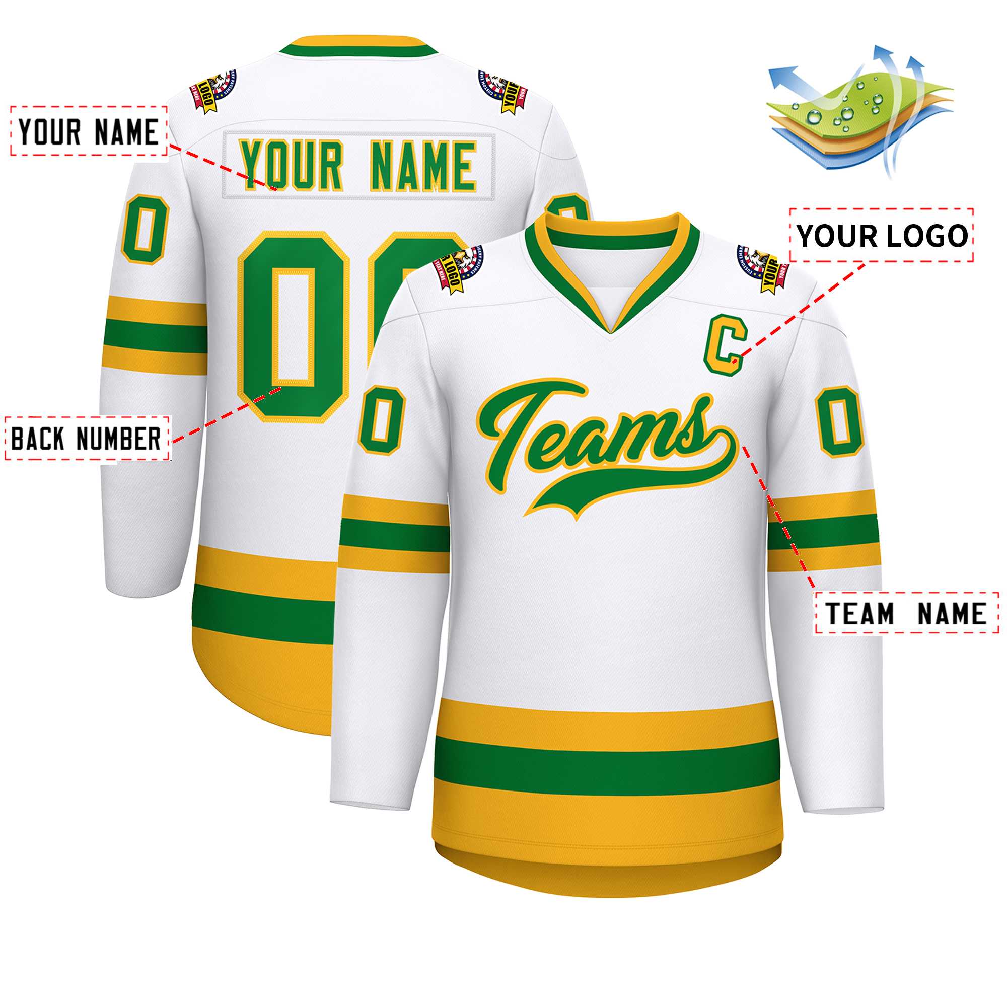 Maillot de hockey de style classique Kelly vert-or blanc personnalisé