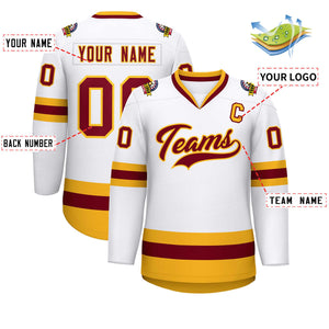 Custom White Crimson-Gold Classic Style Hockey Jersey