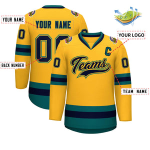 Custom Gold Navy Gold-Aqua Classic Style Hockey Jersey