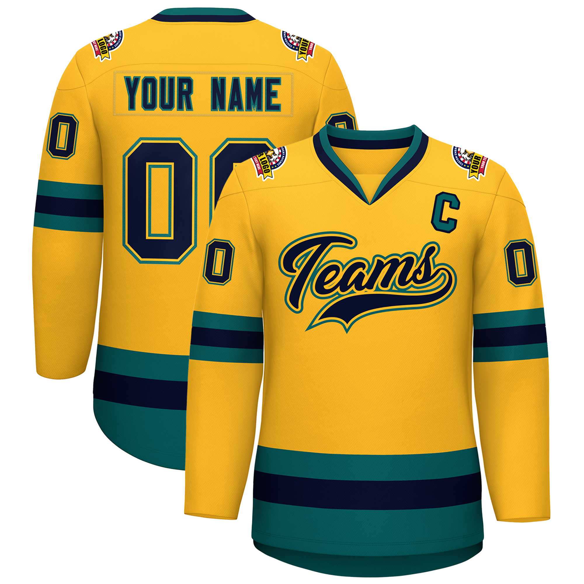 Custom Gold Navy Gold-Aqua Classic Style Hockey Jersey