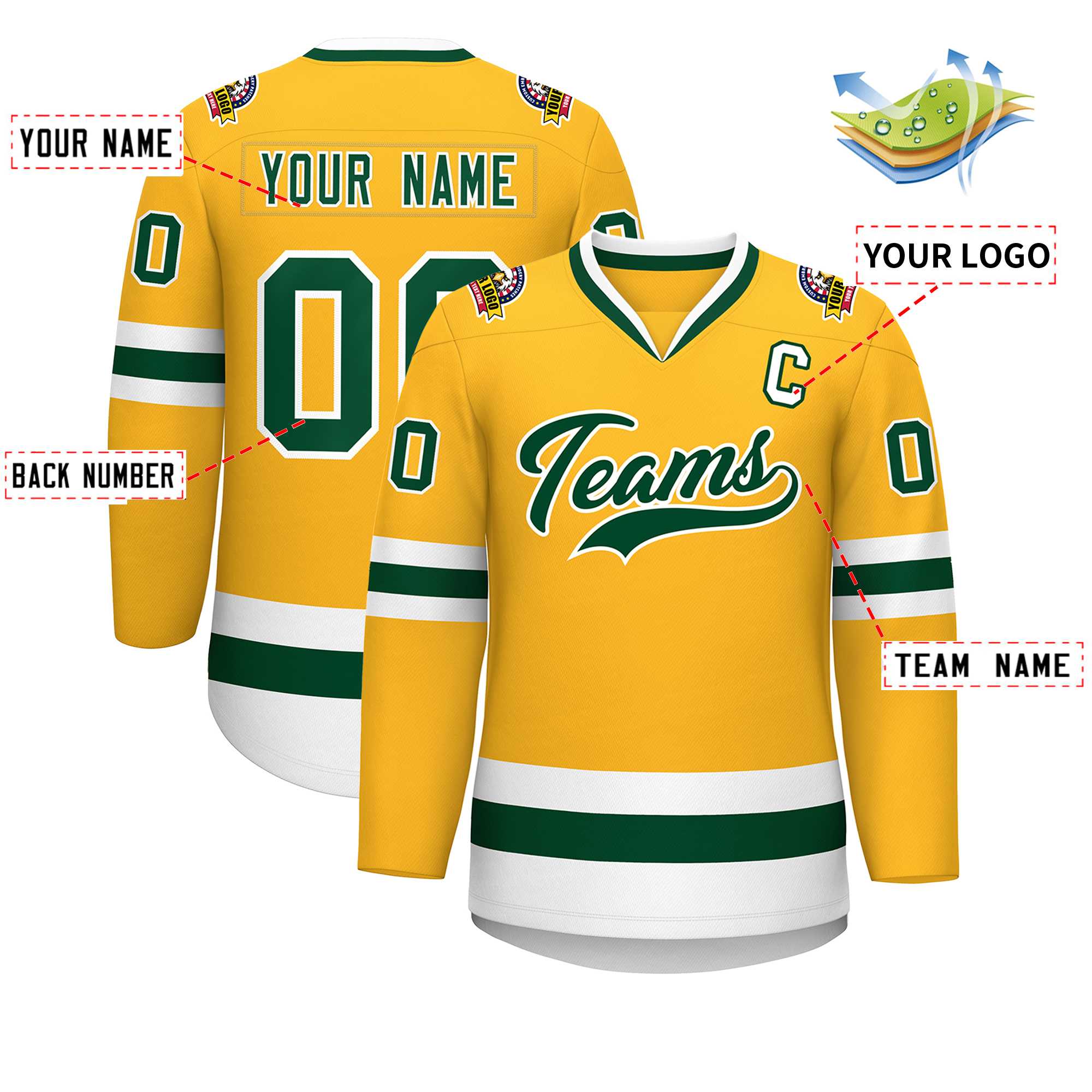 Maillot de hockey de style classique or vert-blanc personnalisé