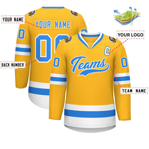 Custom Gold Powder Blue-White Classic Style Hockey Jersey