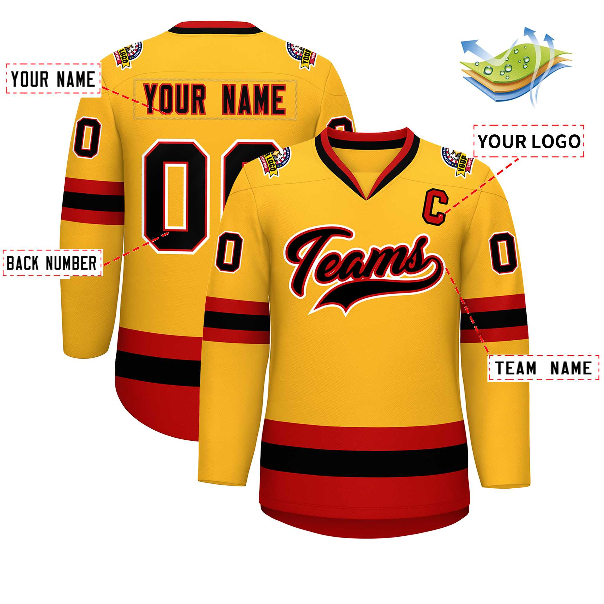 Custom Gold Black Red-White Classic Style Hockey Jersey