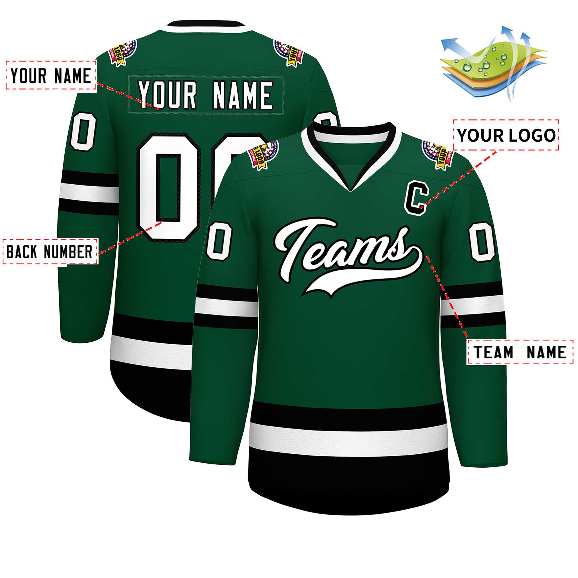 Maillot de hockey de style classique vert blanc-noir personnalisé