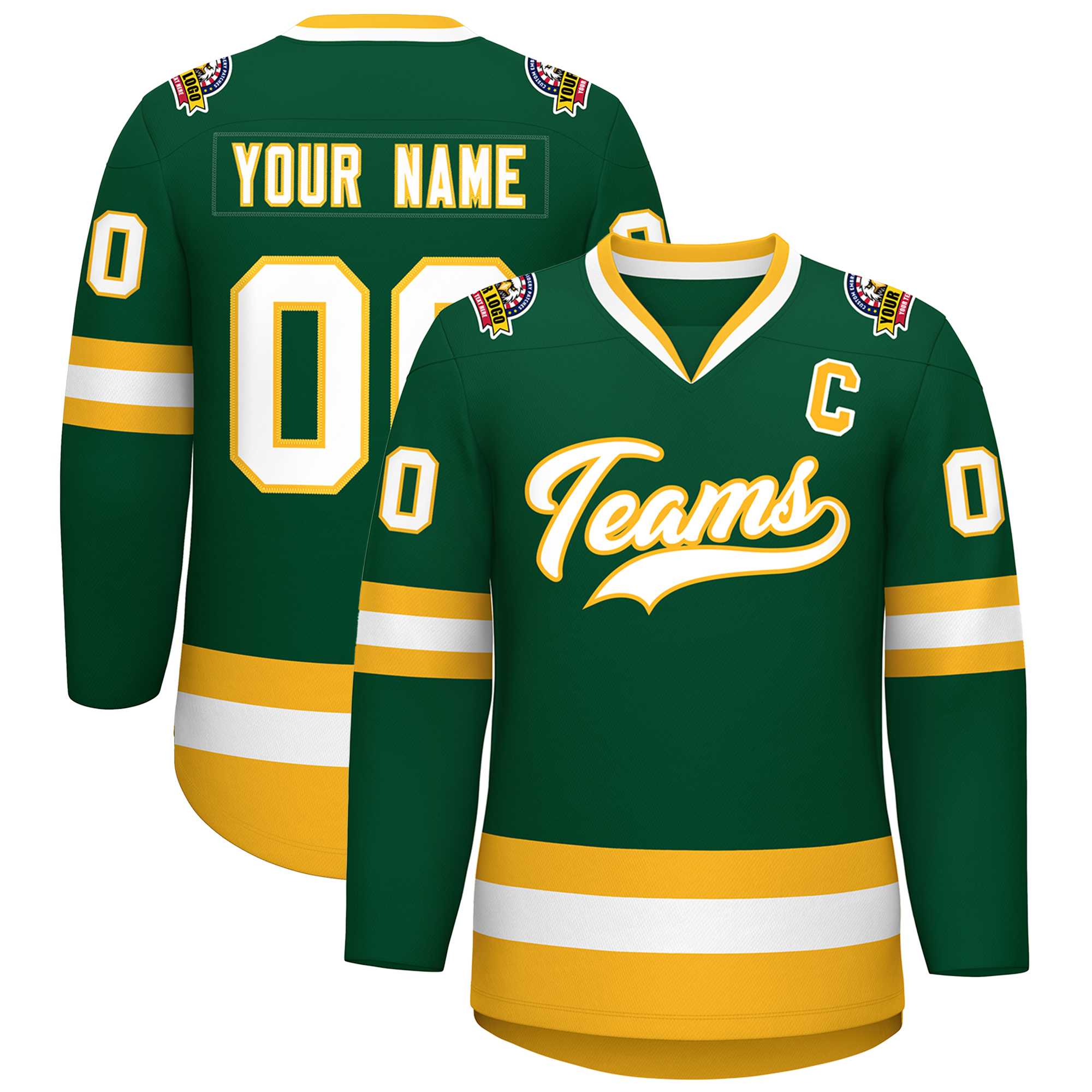 Custom Green White-Gold Classic Style Hockey Jersey