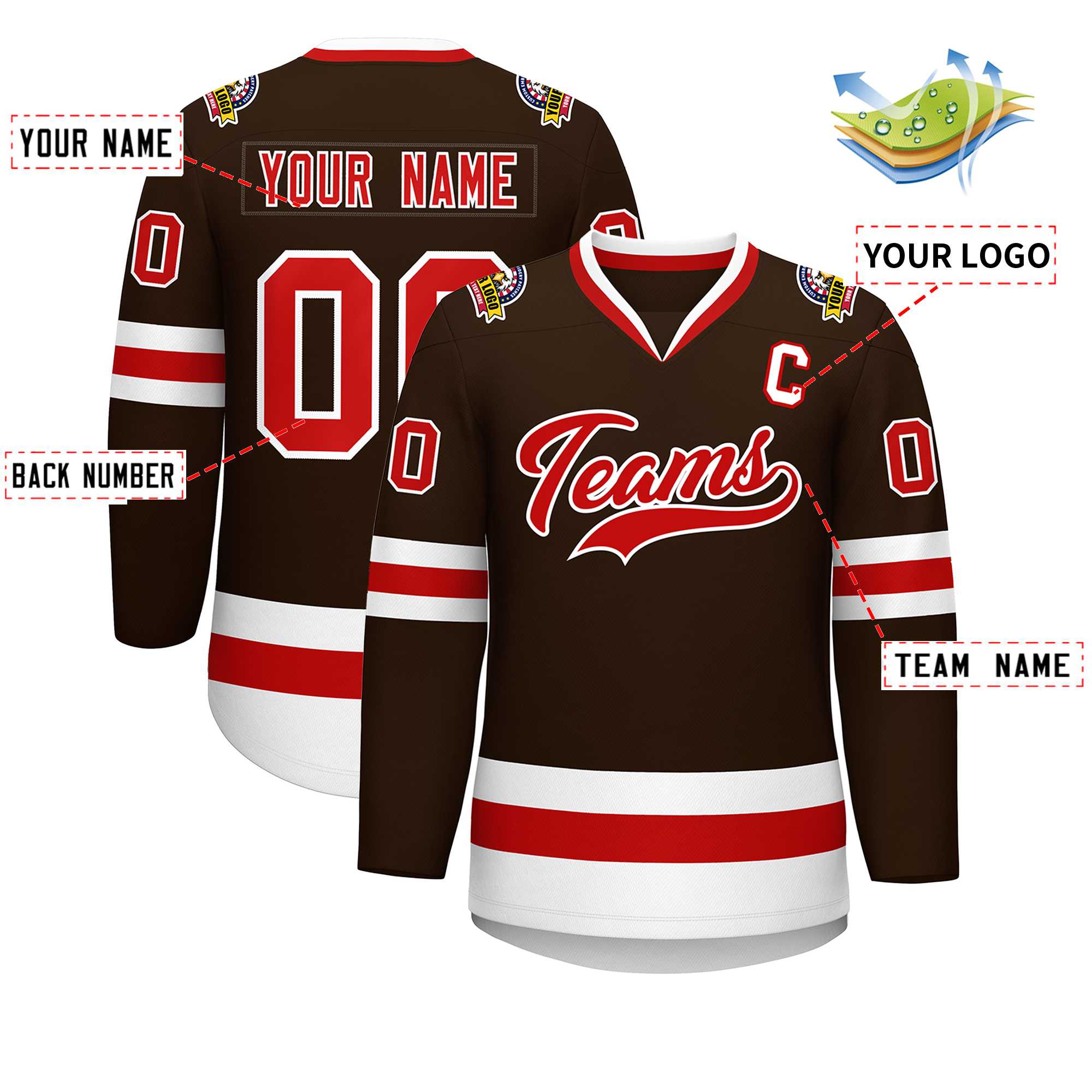 Maillot de hockey de style classique personnalisé marron rouge-blanc