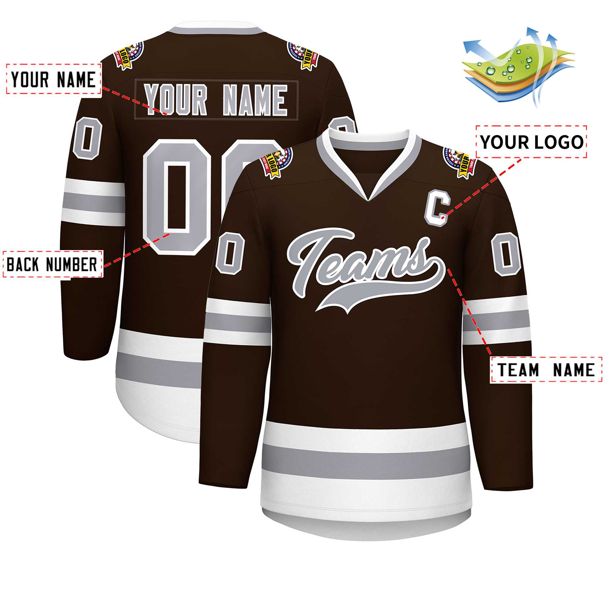 Maillot de hockey de style classique marron gris-blanc personnalisé