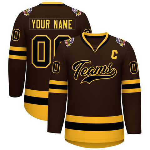 Custom Brown Black-Gold Classic Style Hockey Jersey
