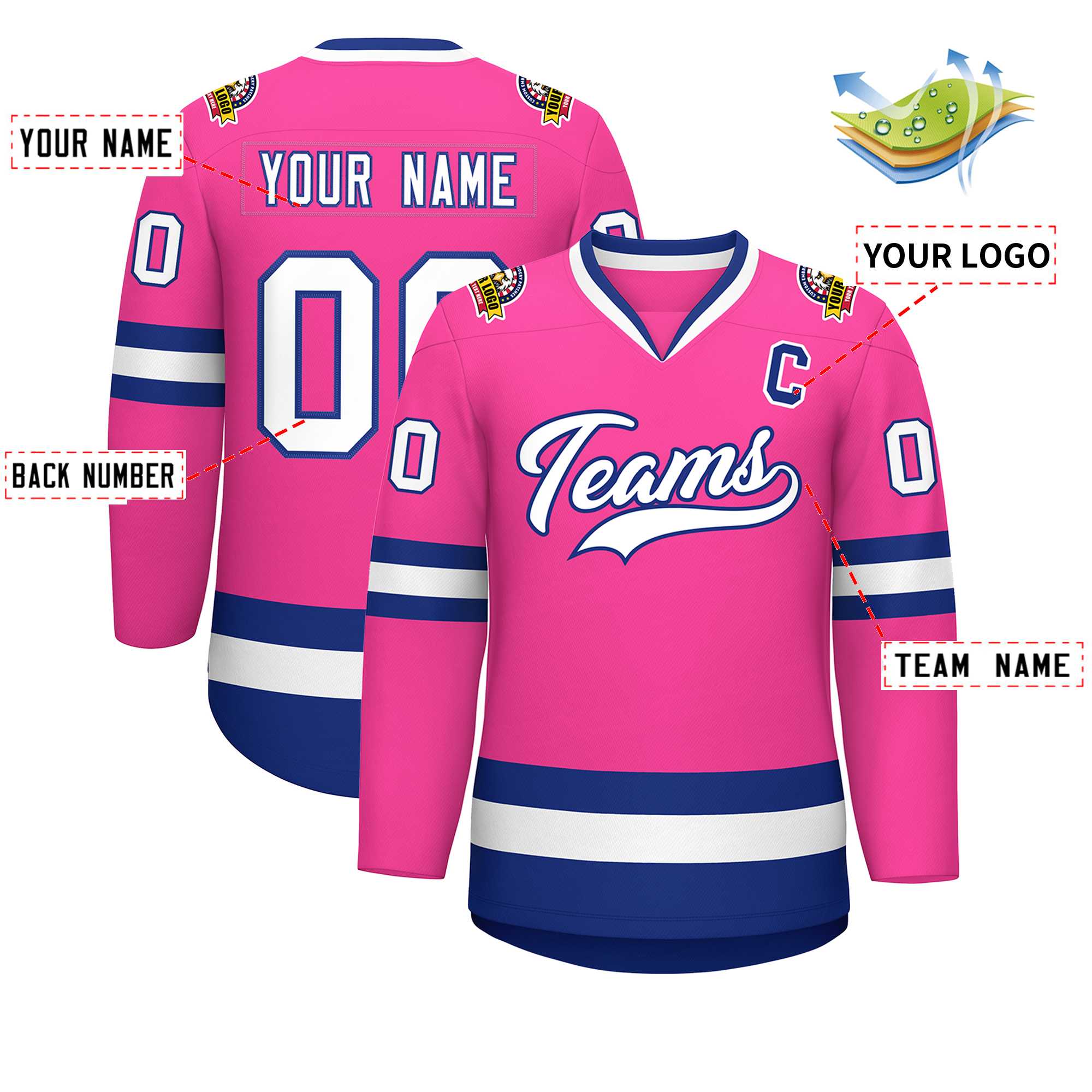 Maillot de hockey de style classique rose blanc-royal personnalisé