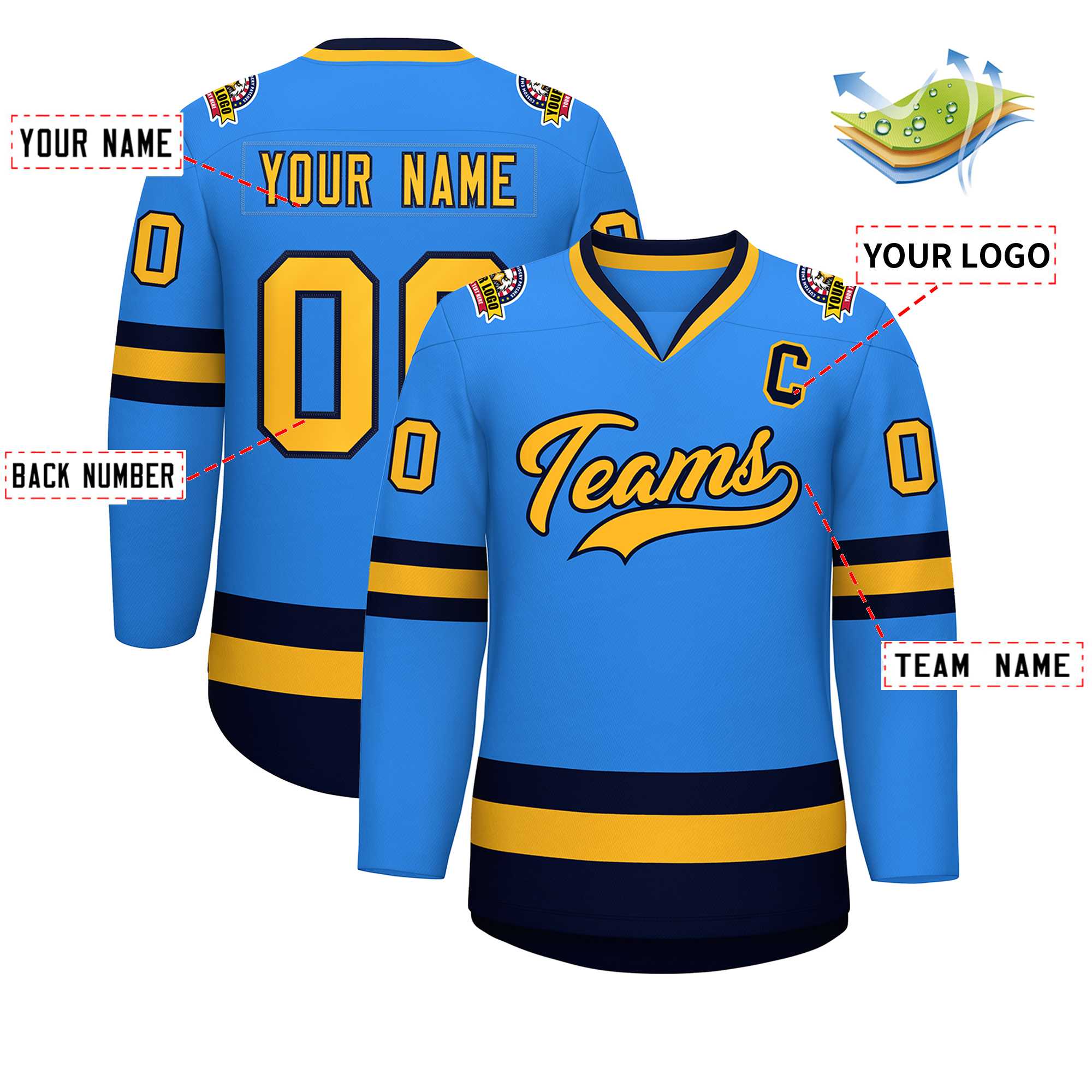 Custom Powder Blue Gold-Navy Classic Style Hockey Jersey