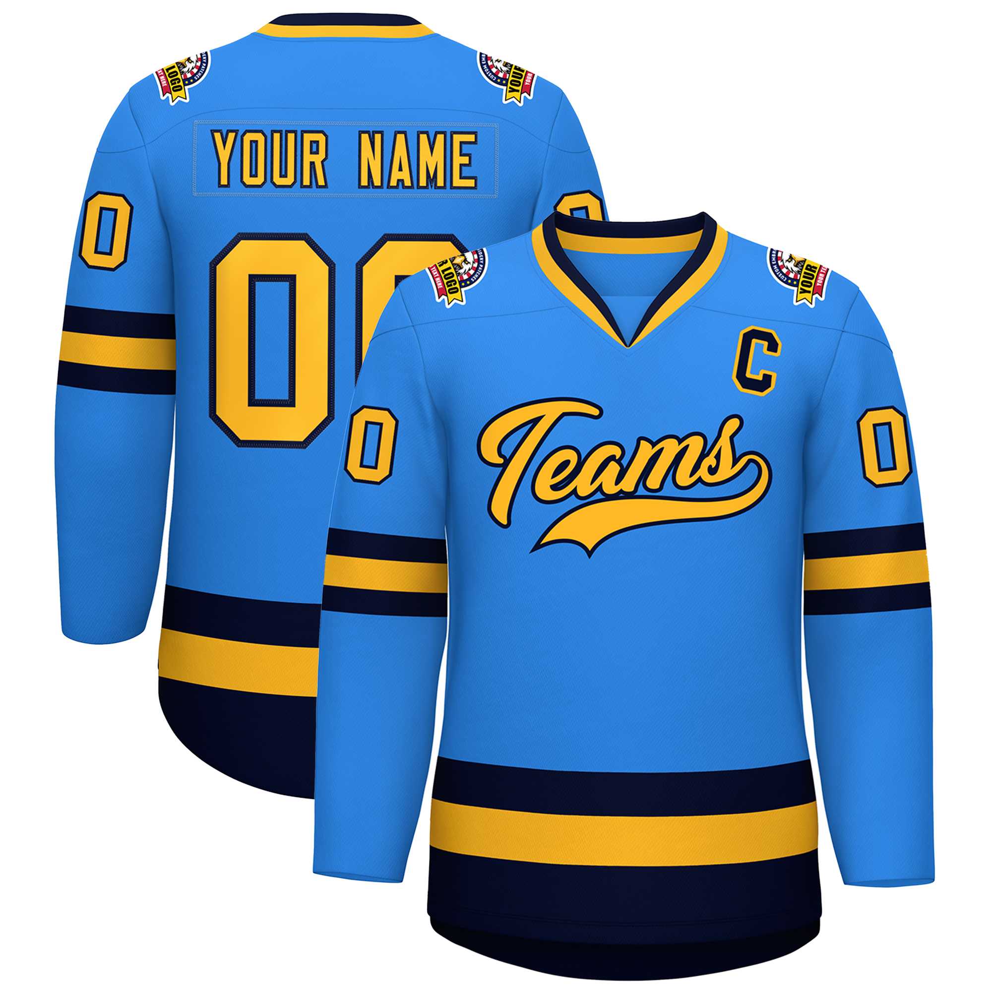 Custom Powder Blue Gold-Navy Classic Style Hockey Jersey