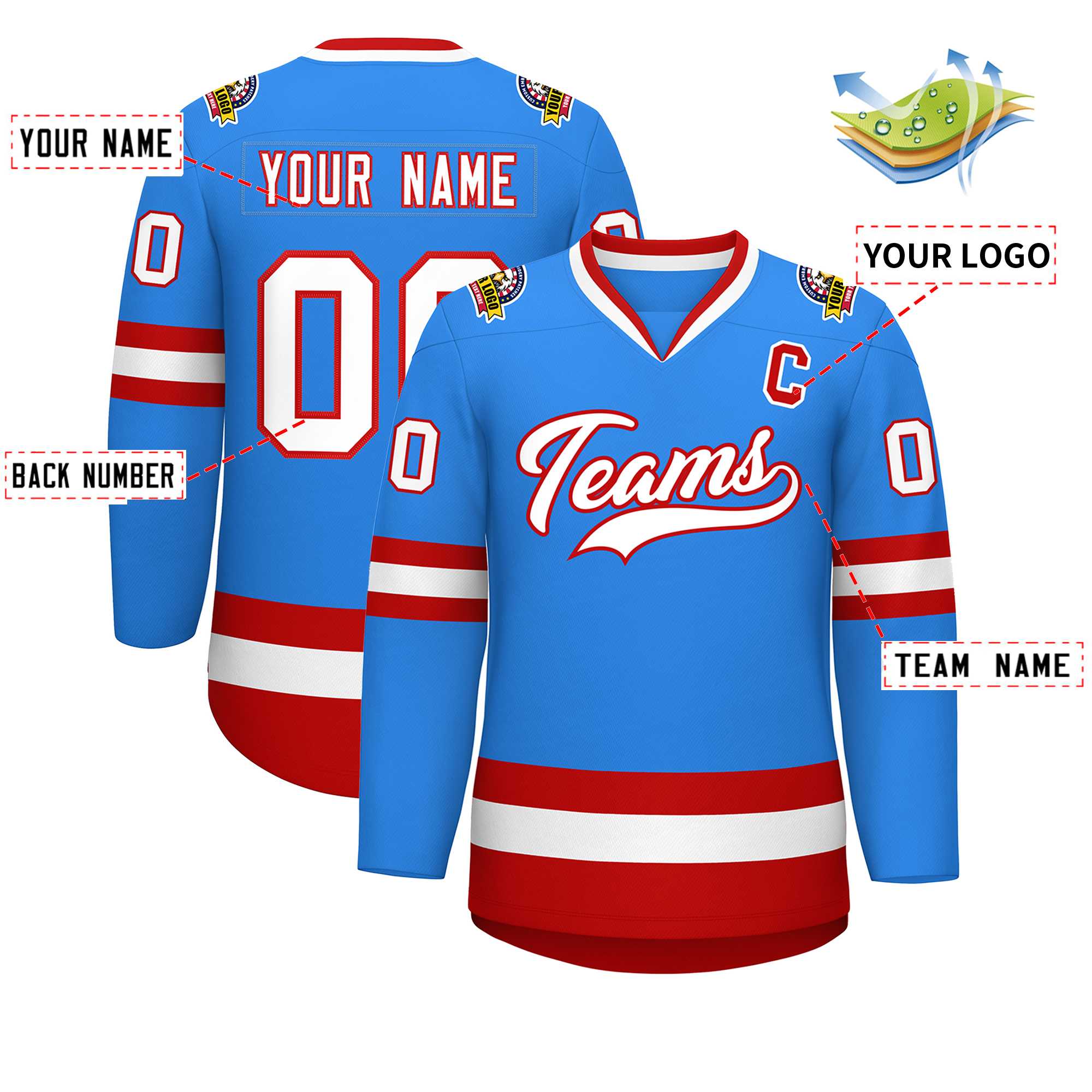 Custom Powder Blue White-Red Classic Style Hockey Jersey