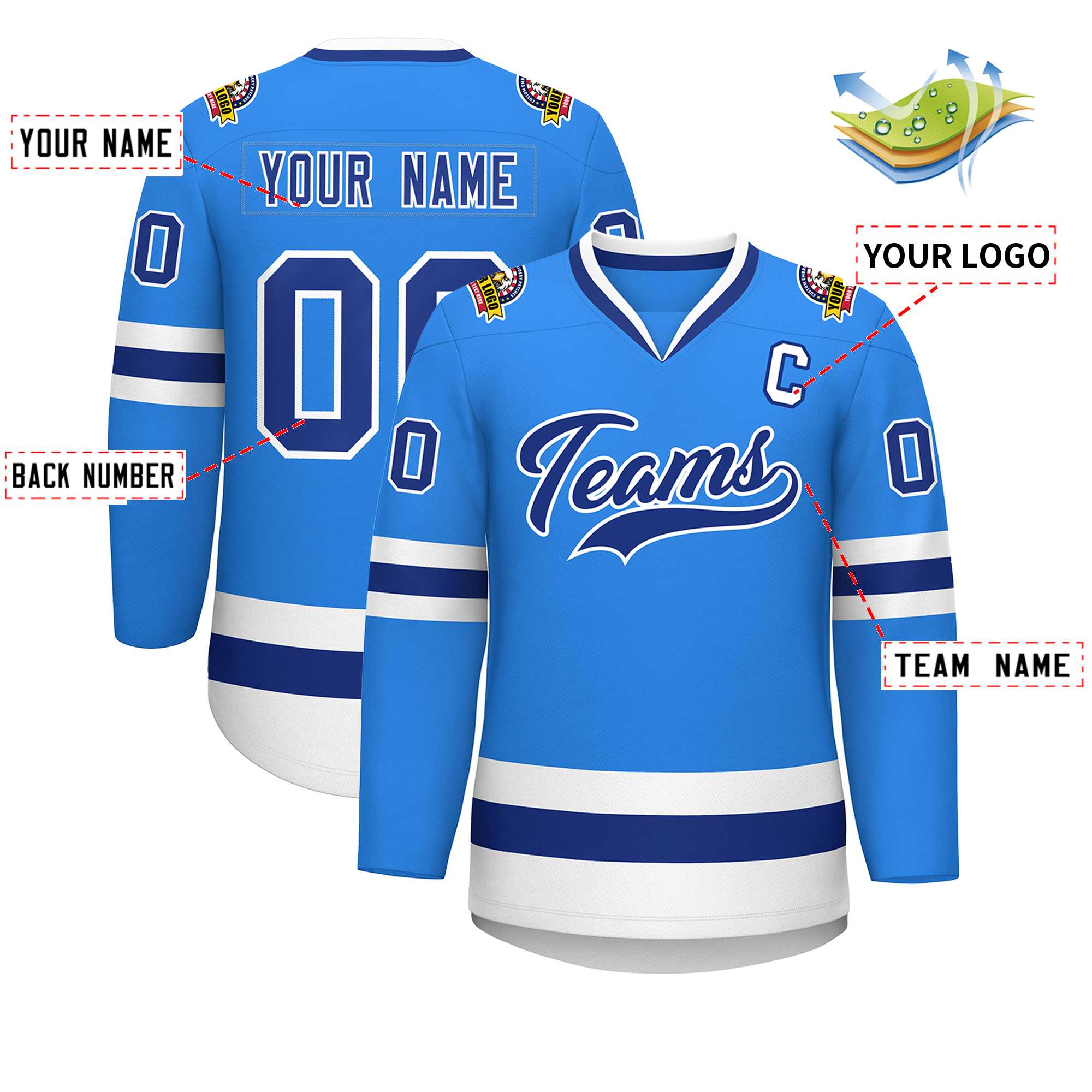 Custom Powder Blue Royal-White Classic Style Hockey Jersey