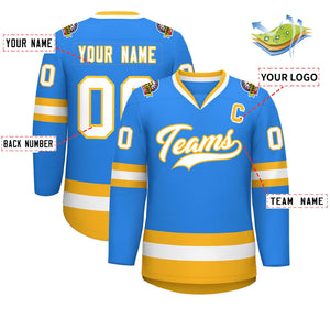 Custom Powder Blue White-Gold Classic Style Hockey Jersey