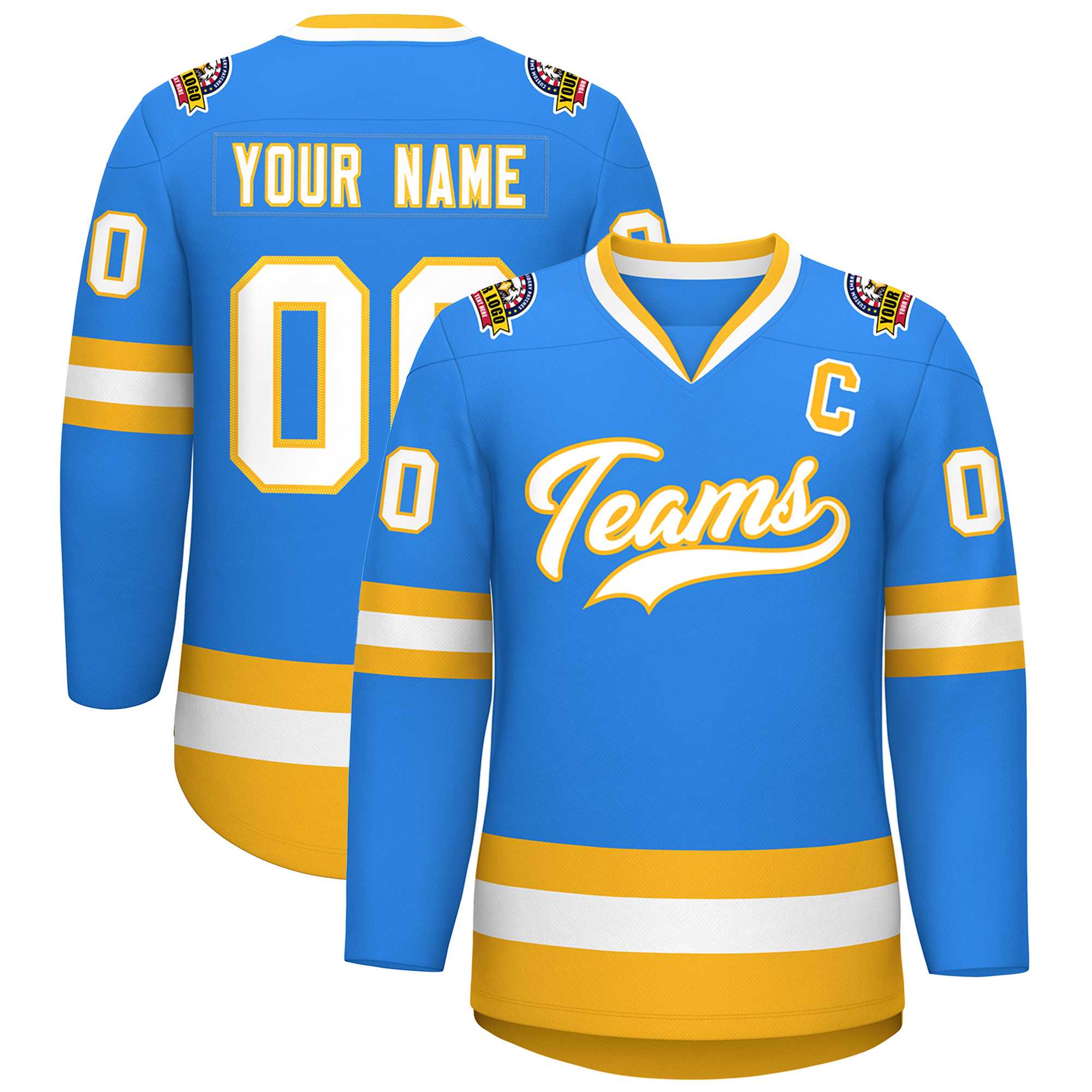 Custom Powder Blue White-Gold Classic Style Hockey Jersey