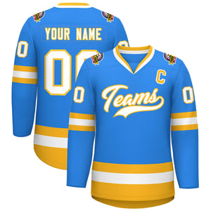 Custom Powder Blue White-Gold Classic Style Hockey Jersey