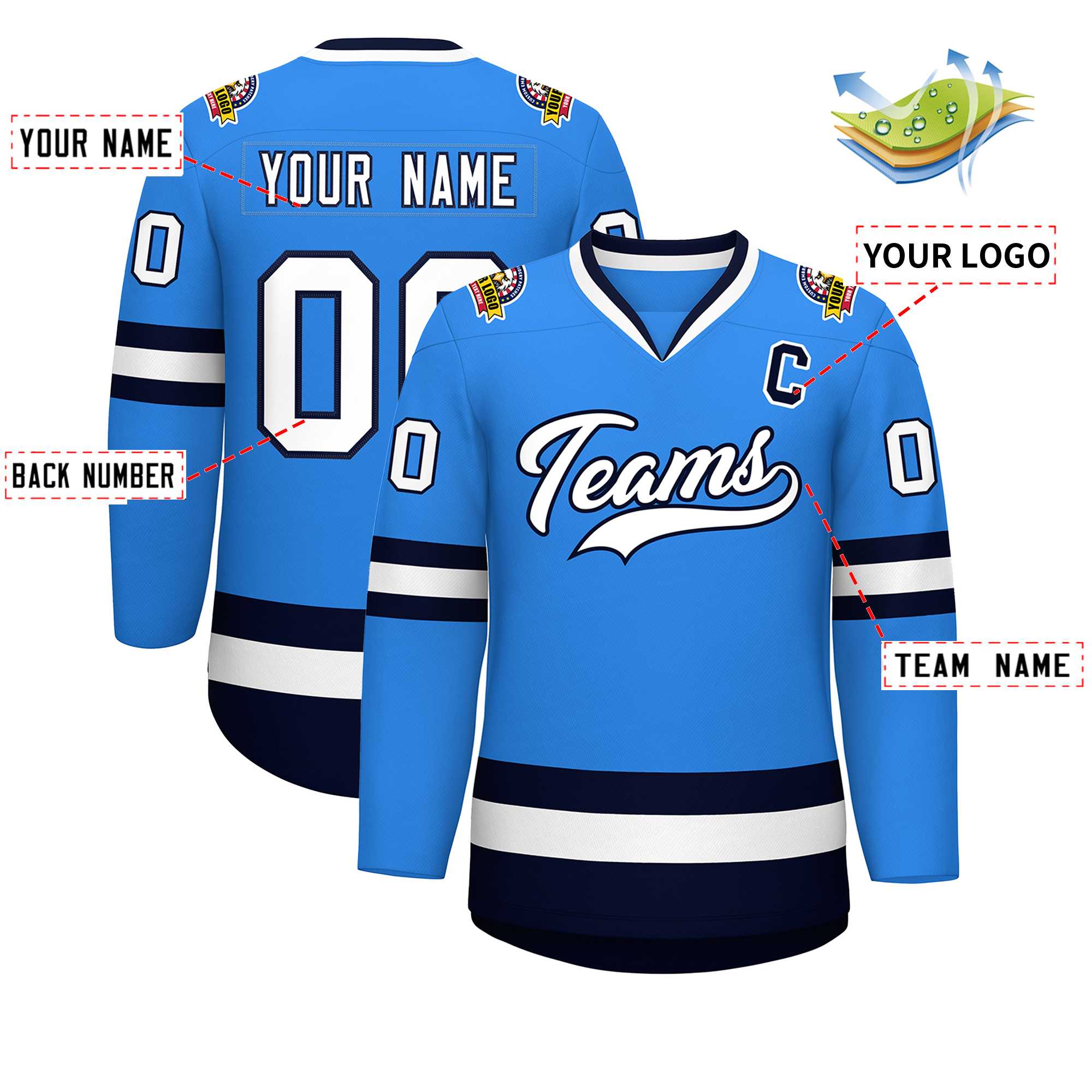 Custom Powder Blue White-Navy Classic Style Hockey Jersey