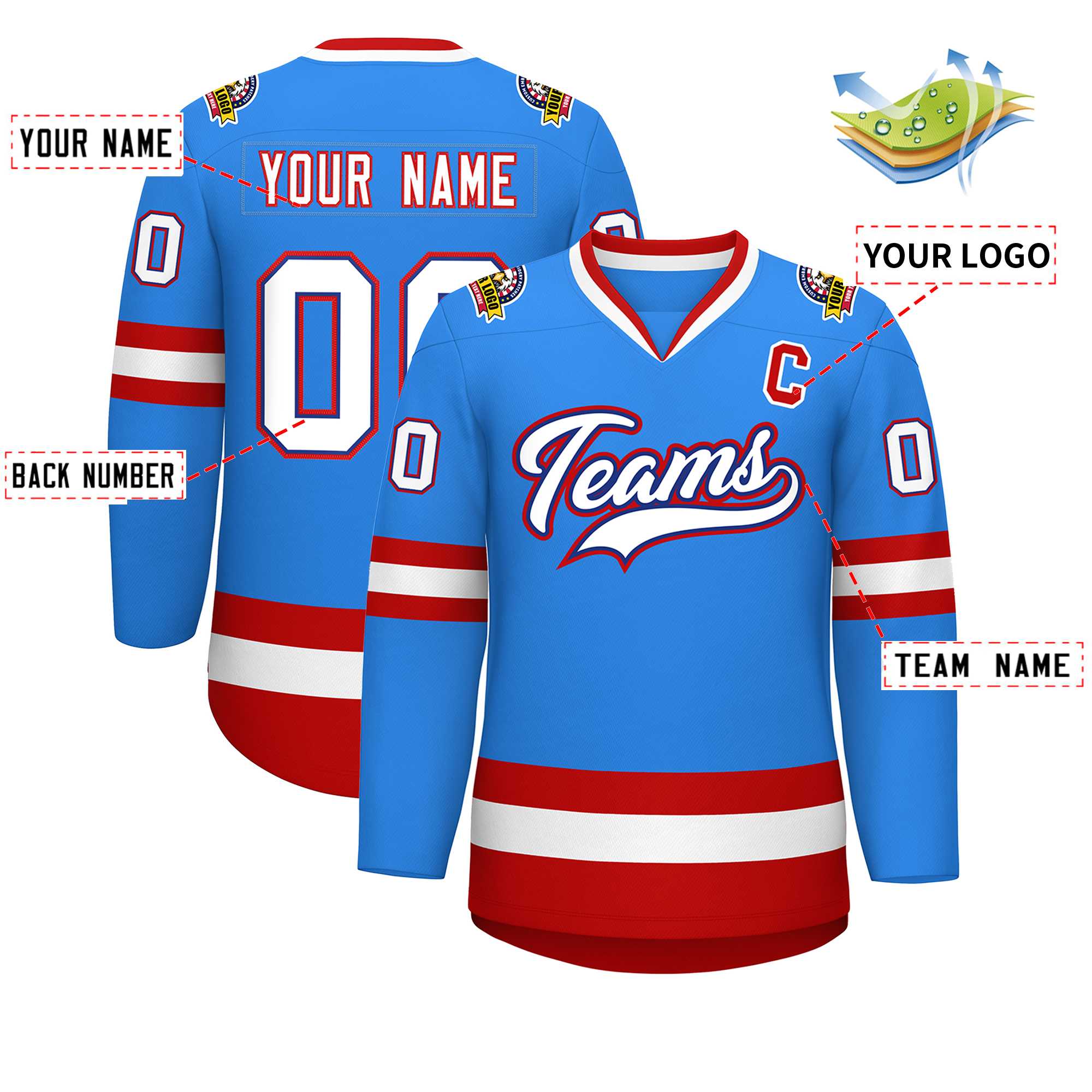 Custom Powder Blue White Royal-Red Classic Style Hockey Jersey