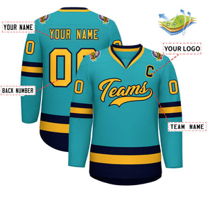 Custom Aqua Gold-Navy Classic Style Hockey Jersey