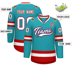 Custom Aqua White Royal-Red Classic Style Hockey Jersey