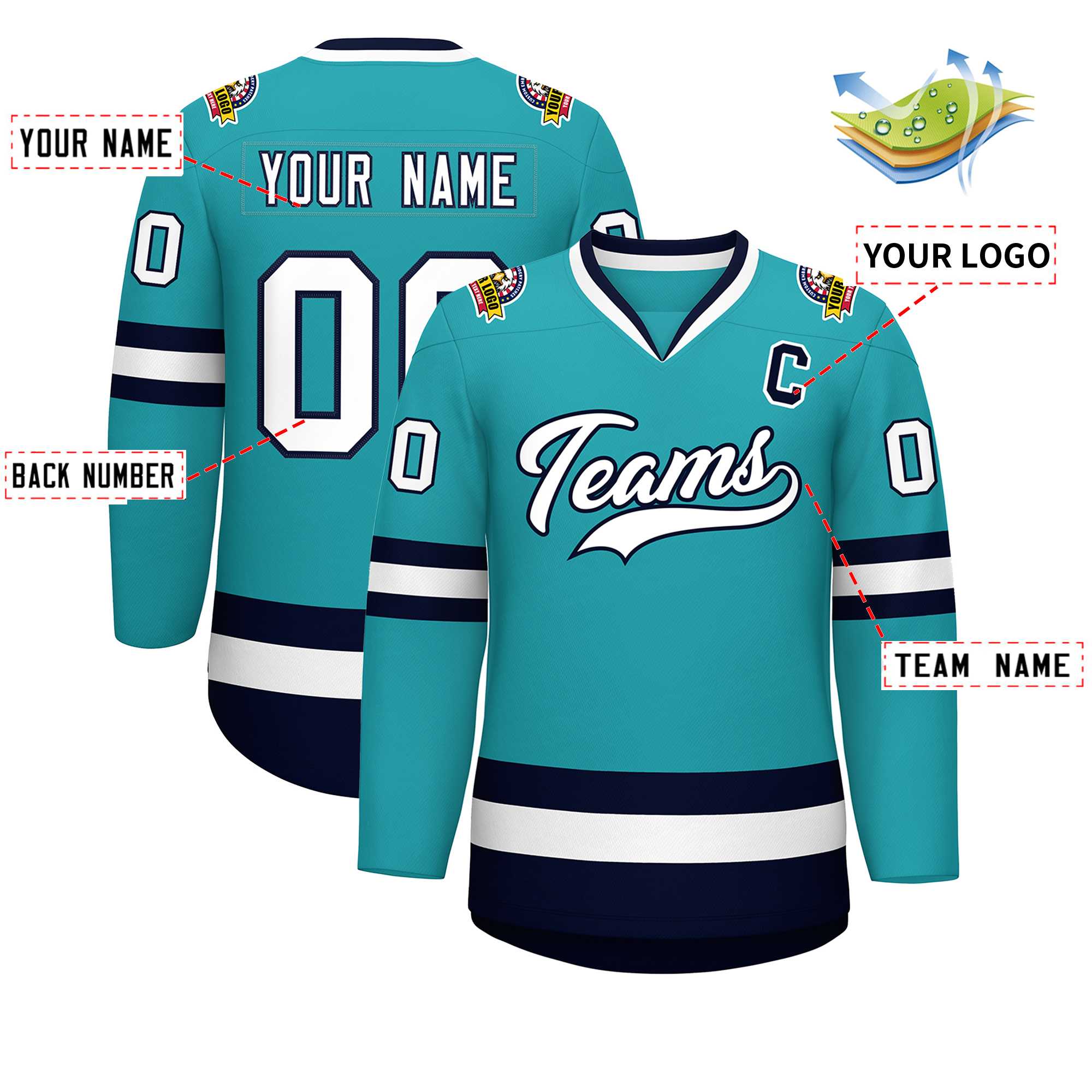 Maillot de hockey de style classique Aqua blanc-marine personnalisé