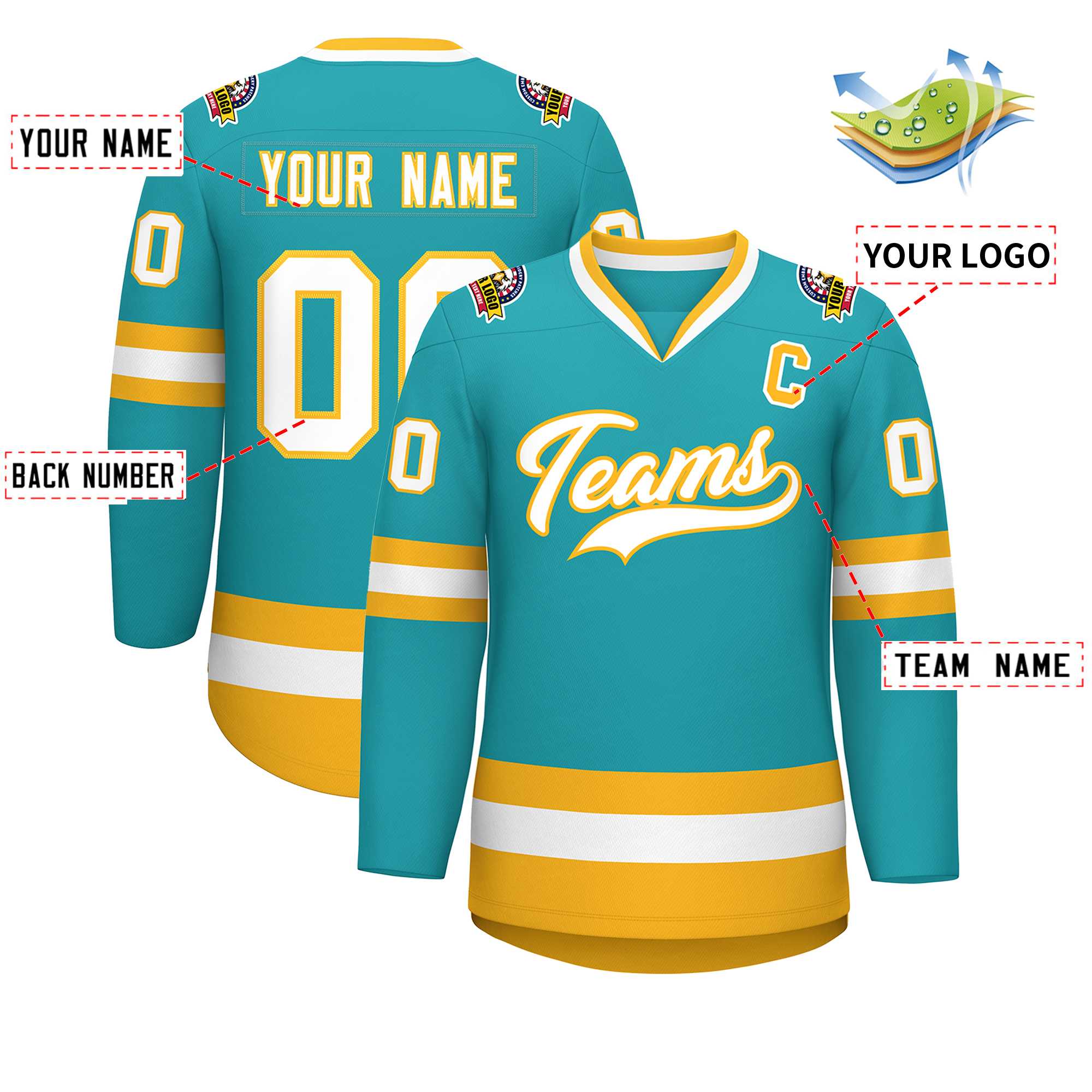 Custom Aqua White-Gold Classic Style Hockey Jersey