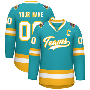 Custom Aqua White-Gold Classic Style Hockey Jersey