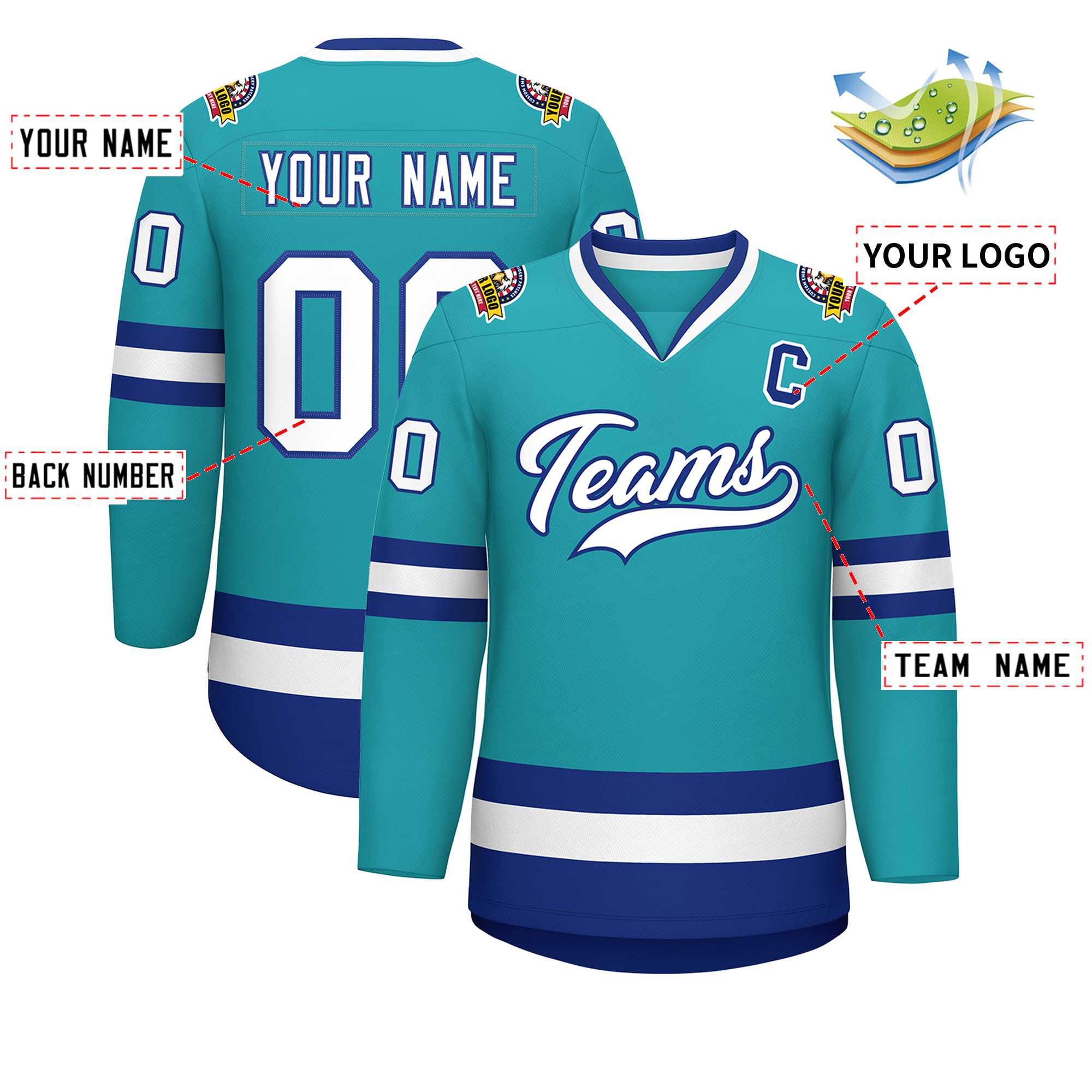 Custom Aqua White-Royal Classic Style Hockey Jersey