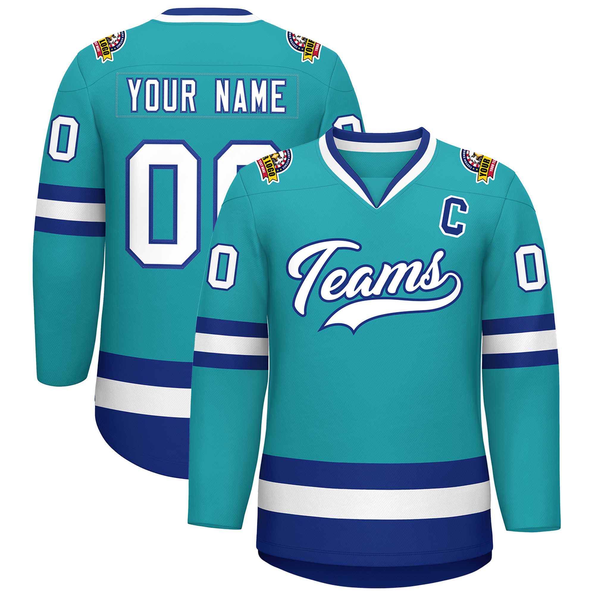 Custom Aqua White-Royal Classic Style Hockey Jersey