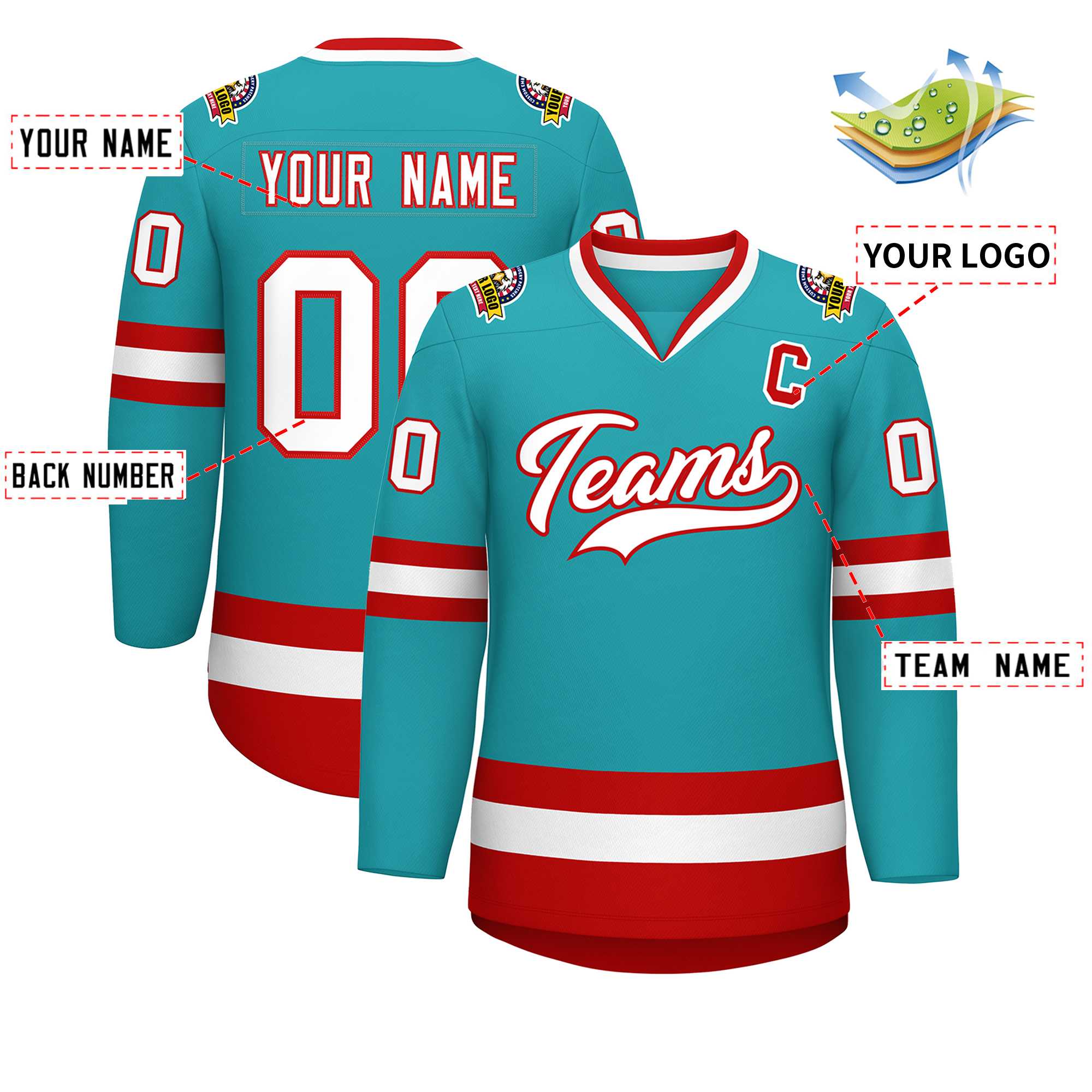 Custom Aqua White-Red Classic Style Hockey Jersey